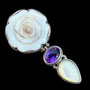 LARGE Signed Navajo Adam Fiero AF Sterling MOP Carved Rose Amethyst Pendant
